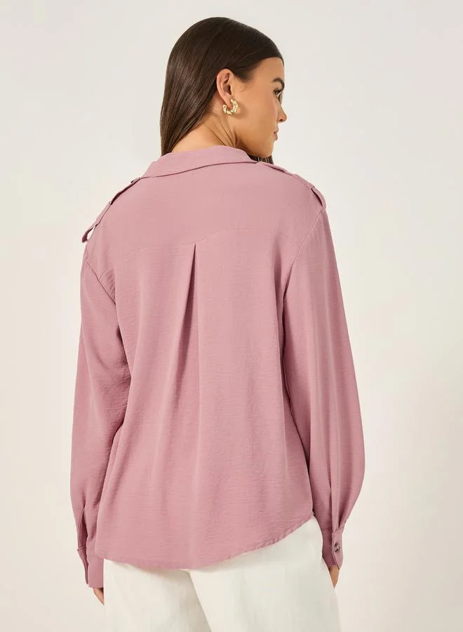 Styli Oversized Notch Collar Longline Shirt with Pocket Detail