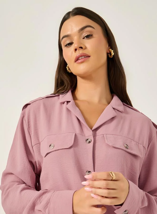 Styli Oversized Notch Collar Longline Shirt with Pocket Detail