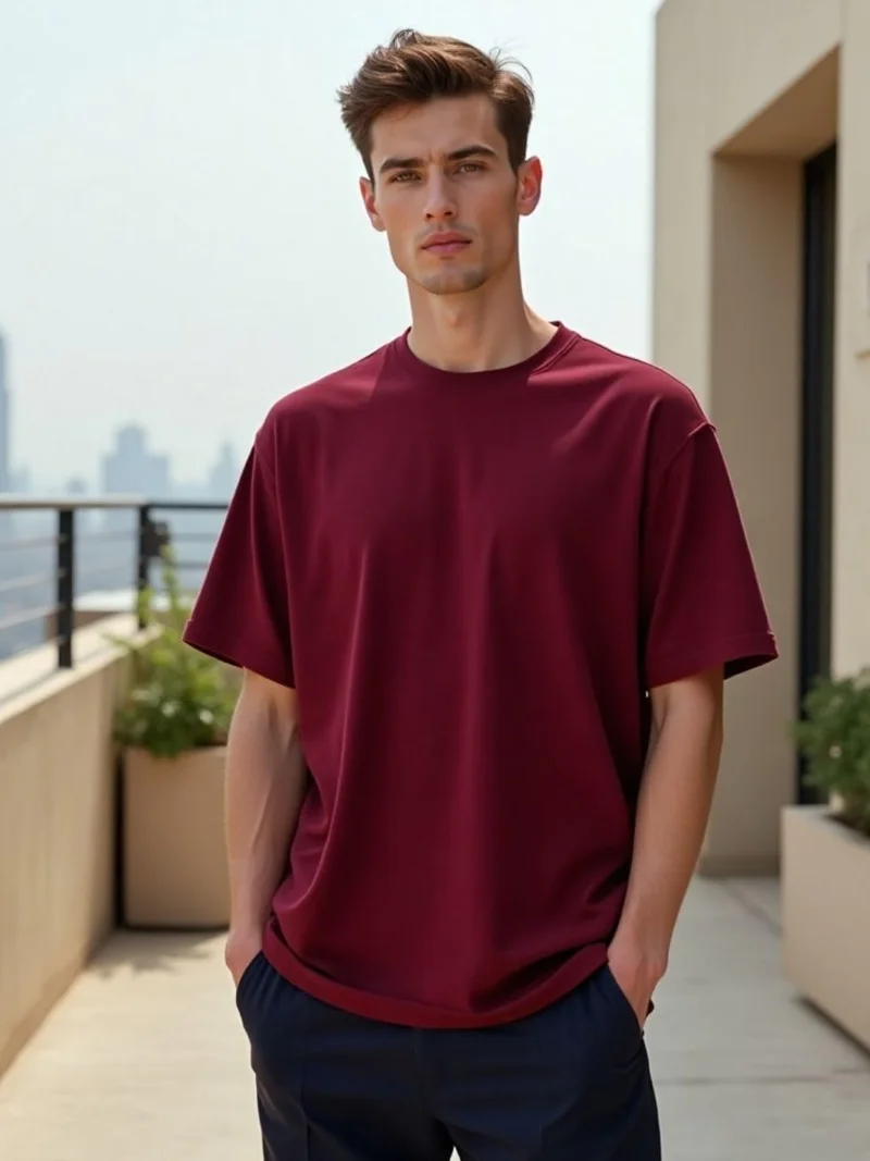 NOBERO  Men's Burgundy Oversized Cotton T-Shirt for Men | Best Price UAE