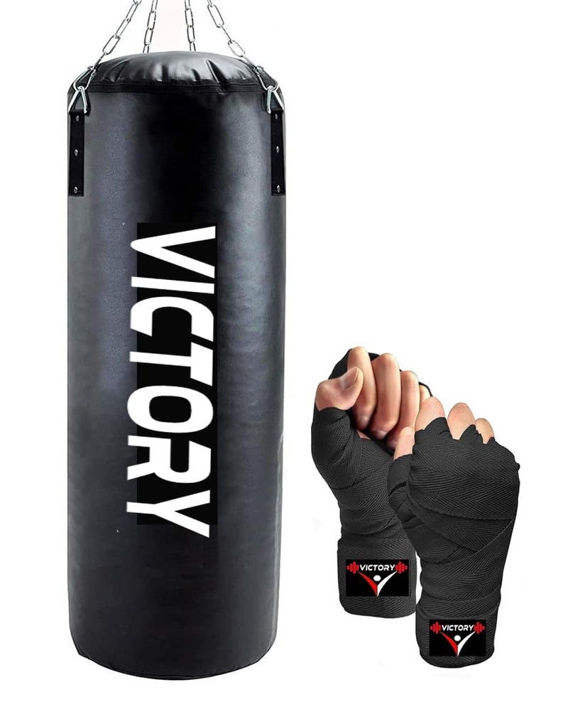 Victory Heavy Synthetic Leather Boxing Punching Bag Black | Hand Wrap | Stainless Steel Hanging Chain | Boxing | MMA | Kickboxing | Muay Thai | Karate | Judo | Taekwondo (4 Feet) - Image 1