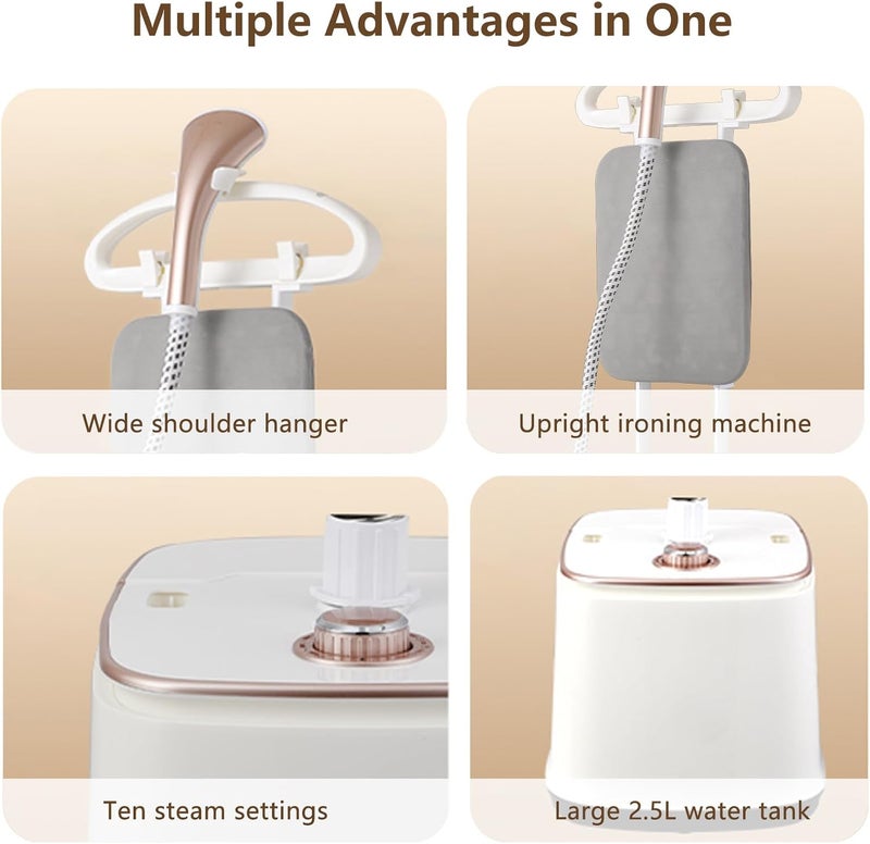 Zephyrspets Vertical Garment Steamer for Clothes, 2000W Garment Steamer Professional with Dual Bar Clothing Steamer with Vertical Steaming, Built-in Ironing Board, 2.5 L Big Capacity Tank-White - Image 4