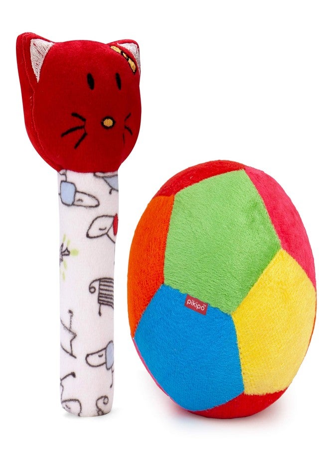 Pikipo Plush Soft Ball (Small Size, 11cm) and Kitty Face Soft Rattle Combo, Multicolor,Baby (Material: Polyester & Plush) - Image 1