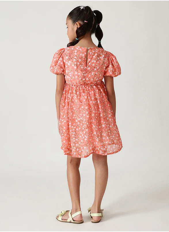 ون فرايدي One Friday Girls Peach Fit & Flare Puff Sleeve Printed Dress