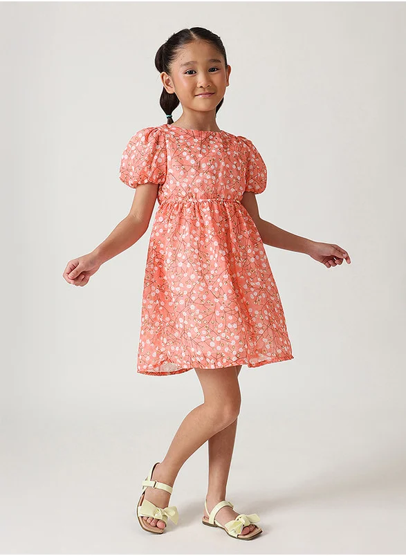 ون فرايدي One Friday Girls Peach Fit & Flare Puff Sleeve Printed Dress