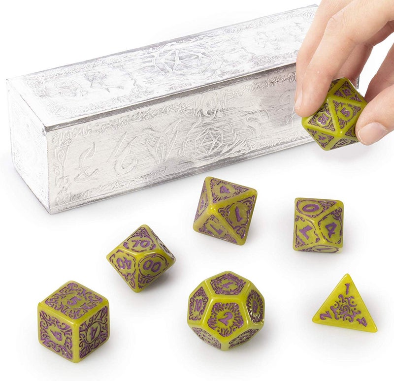 Wiz Dice Titan 25mm Dice - Large Polyhedral Dice Set for Various Role Playing Dice Games - Achlys 7 Cnt -DND Dice Set with a Wooden Dice Box - Includes D4, D6, D8, D10, D10(0), D12 & D20 - Image 1