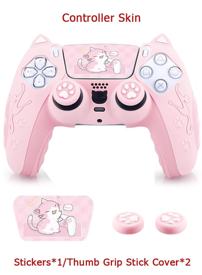 Cute Cat Paw PS5 Controller Skin - Silicone Controller Cover for PlayStation 5 Wireless Grip - with 2 Thumb Grip Caps - 1 cat Sticker - Anti-Slip Controller Cover Case - Pink