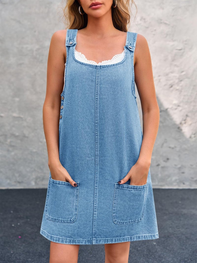BZB Women's Sleeveless Casual Denim Dress Crewneck Vintage Loose Overall Mini Dress with Pockets Blue - Image 1