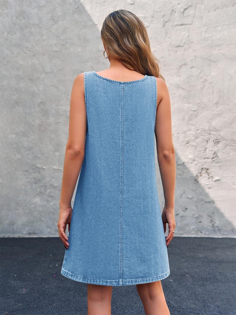 BZB Women's Sleeveless Casual Denim Dress Crewneck Vintage Loose Overall Mini Dress with Pockets Blue - Image 4