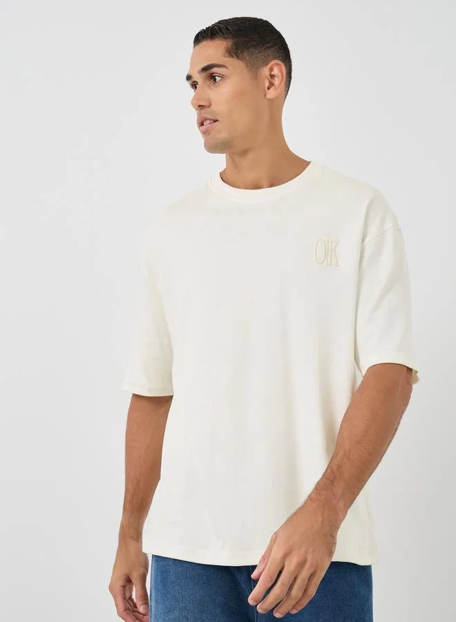 ستايلي Styli Embroidered Detail Crew Neck Oversized T-Shirt