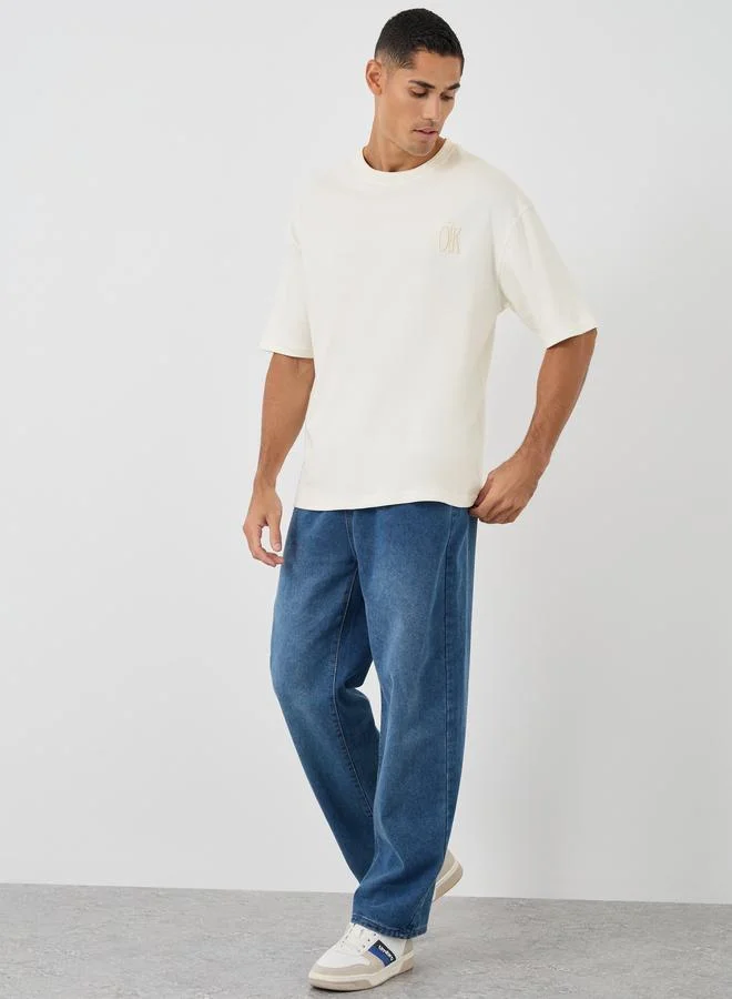 ستايلي Styli Embroidered Detail Crew Neck Oversized T-Shirt