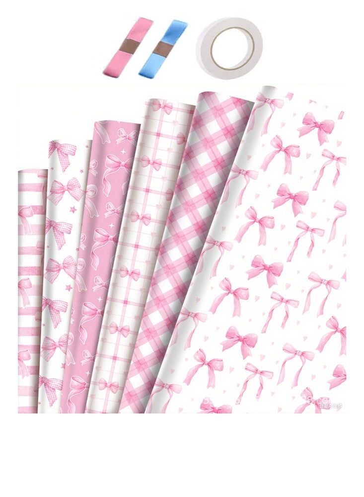 Zeemey 12-Sheet Pink Bow Themed Gift Wrapping Paper Set (68x50cm) - 6 Patterns, 2 Sheets Each, High-End Thick Paper, Holiday and Birthday Gift Wrapping Paper - Image 1