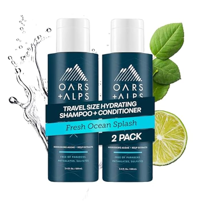 Oars + Alps Men's Sulfate Free Hair Shampoo and Conditioner Set, Infused with Kelp and Algae Extracts, Fresh Ocean Splash, Travel Size 3.4oz Each - Image 1