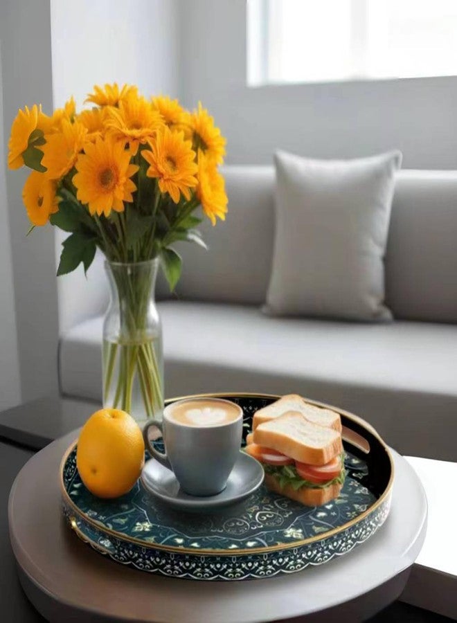 Fuukou Round Serving Tray with Handles - Large Round Ottoman Tray Coffee Table Tray,Plastic Decorative Serving Trays for Coffee Table,Round Boho Tray for Ottoman Living Room - Image 3