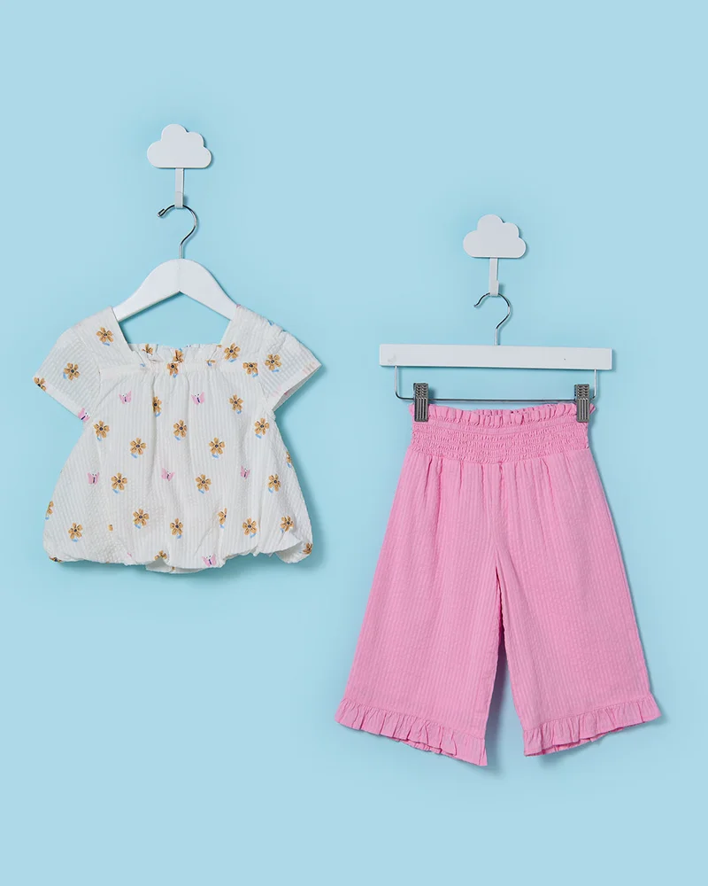 Redtag Infant Girls White And Pink Top With Trousers Set (2 Piece)