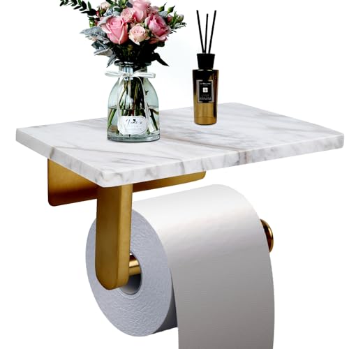 Nodafuer Toilet Paper Holder with Natural Marble Shelf for Bathroom Washroom,Wall Mounted Tissue Holder Suitable for Mega Roll (Brushed Gold, Middle 7.87 * 4.72 in) - Image 1