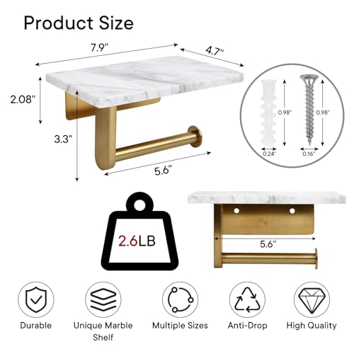 Nodafuer Toilet Paper Holder with Natural Marble Shelf for Bathroom Washroom,Wall Mounted Tissue Holder Suitable for Mega Roll (Brushed Gold, Middle 7.87 * 4.72 in) - Image 2