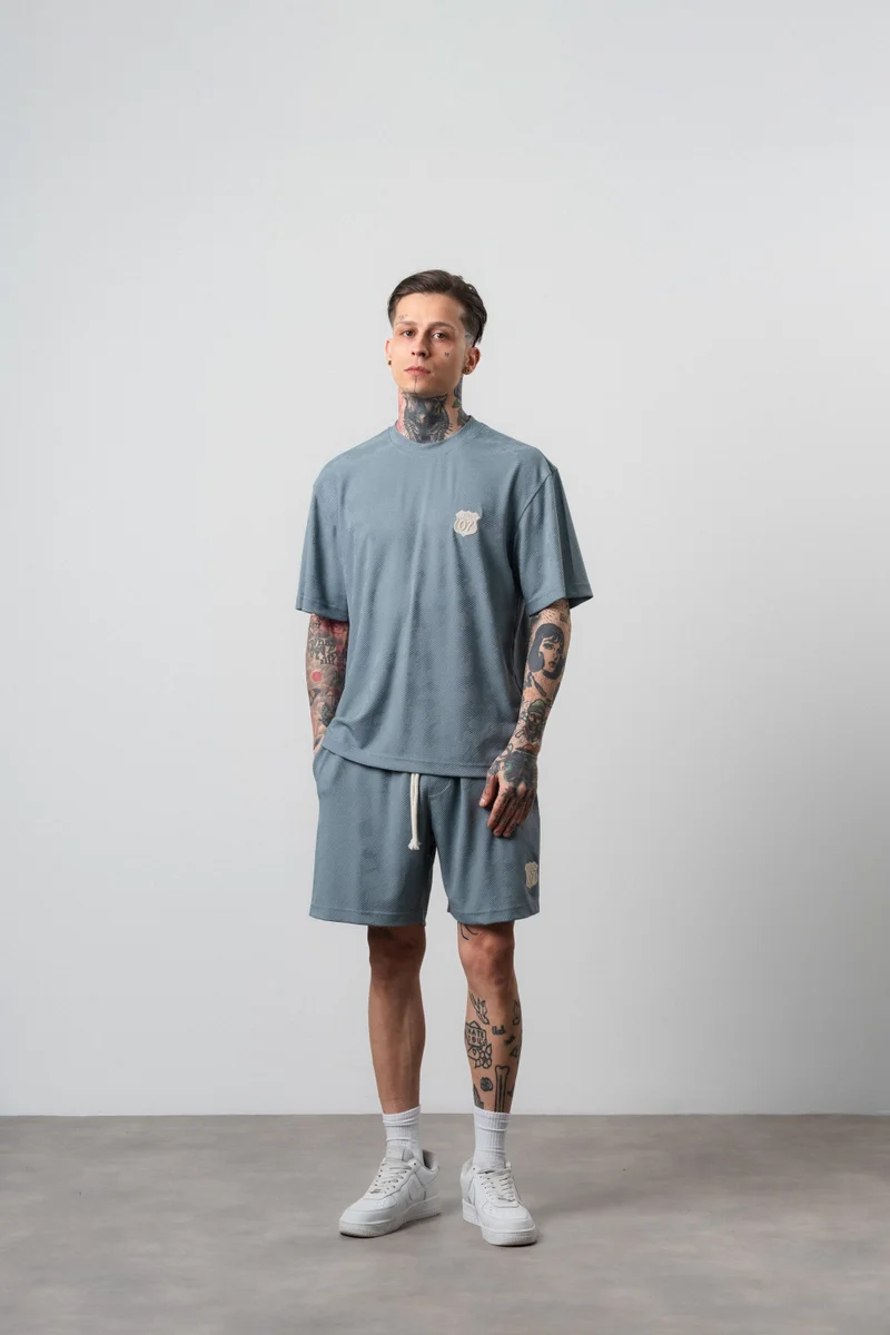 Respire Men's Route 07 Emblem Detail Regular Fit T-Shirt and Shorts Set, Grey