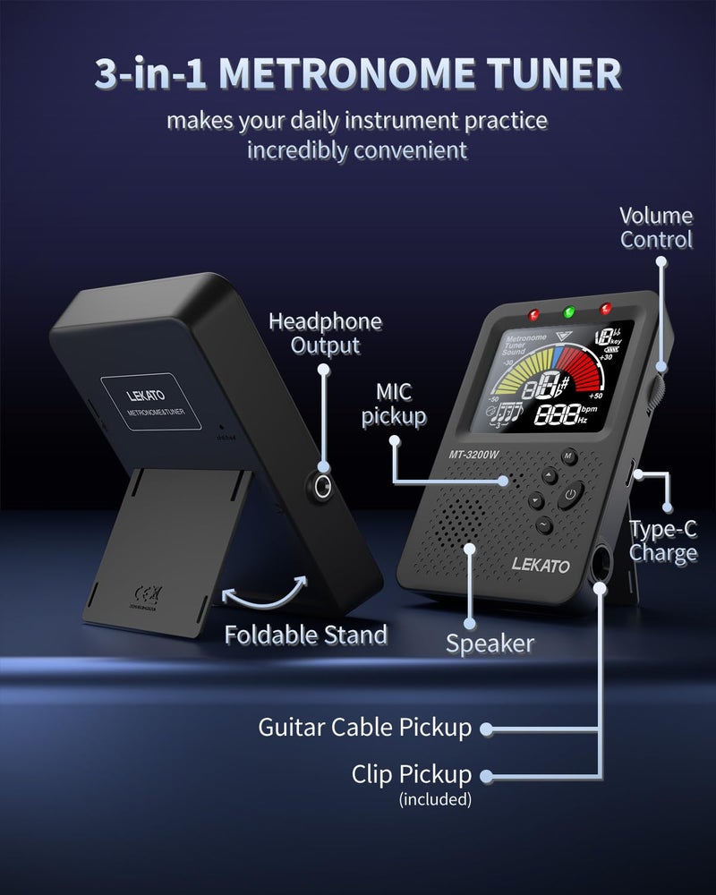 LEKATO Metronome Tuner, Rechargeable 3 In 1 Digital Metronome with Vocal Count, Tone Generator Tuners for Guitar, Bass, Violin, Ukulele, Chromatic, Clarinet, Trumpet, Flute, All Instruments, Black by LEKATO - Image 2