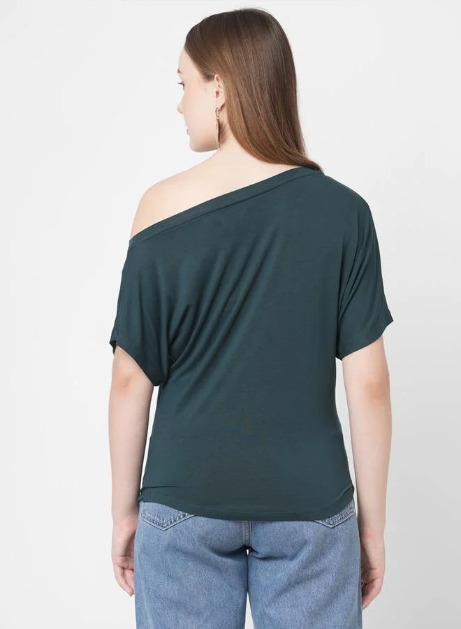 Mish Mish Women Green Embellished Detail One Side Off-Shoulder T-Shirt