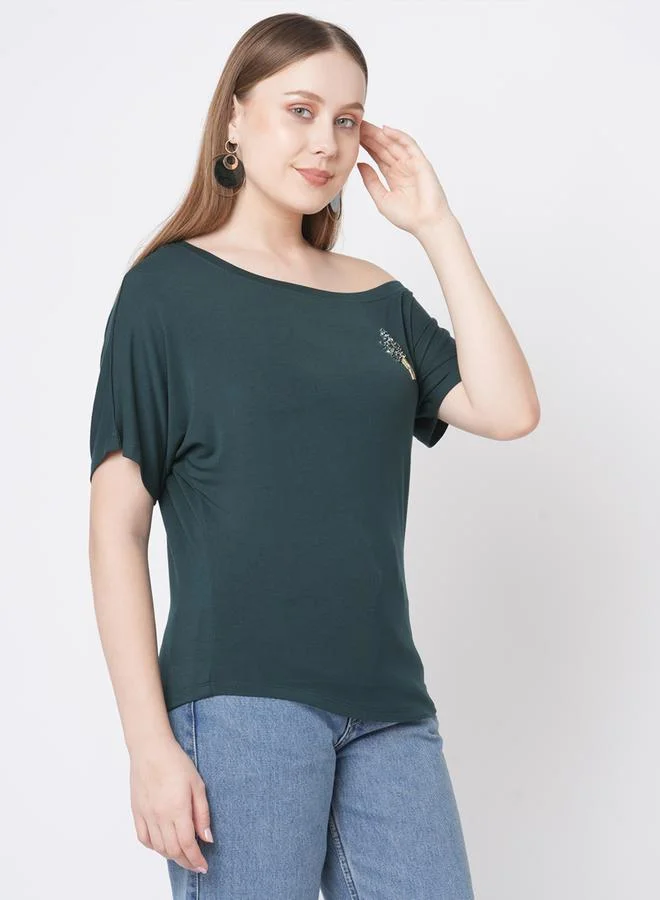 Mish Mish Women Green Embellished Detail One Side Off-Shoulder T-Shirt