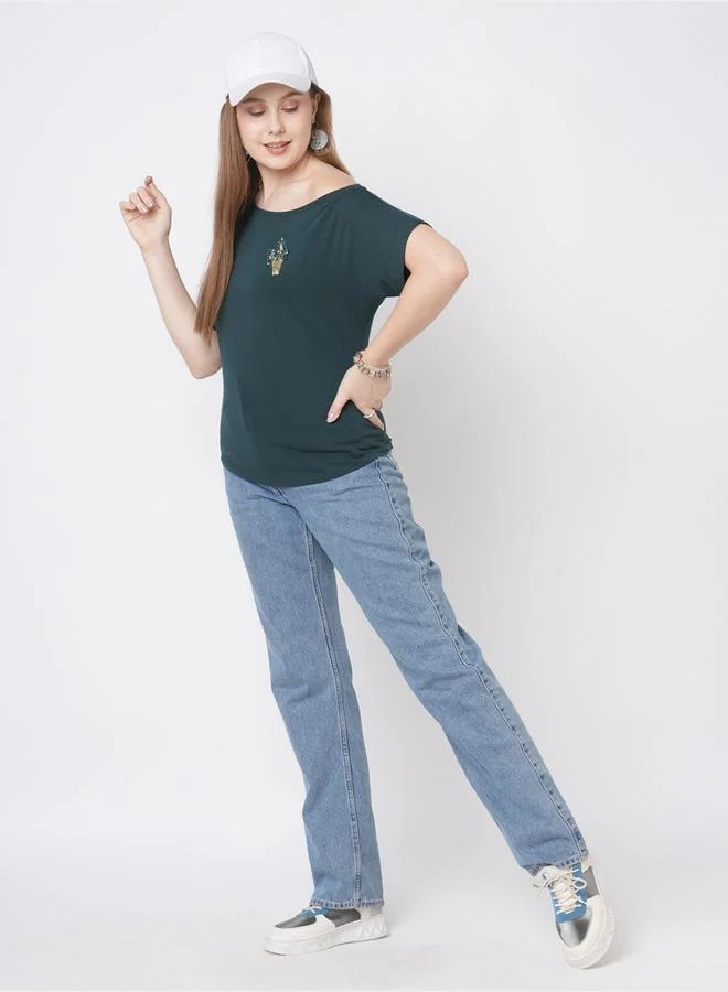 Mish Mish Women Green Embellished Detail One Side Off-Shoulder T-Shirt