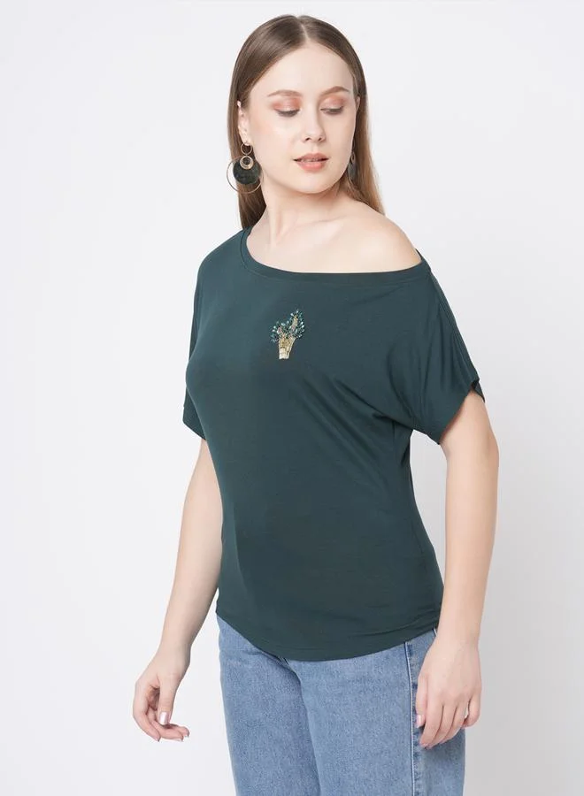 Mish Mish Women Green Embellished Detail One Side Off-Shoulder T-Shirt