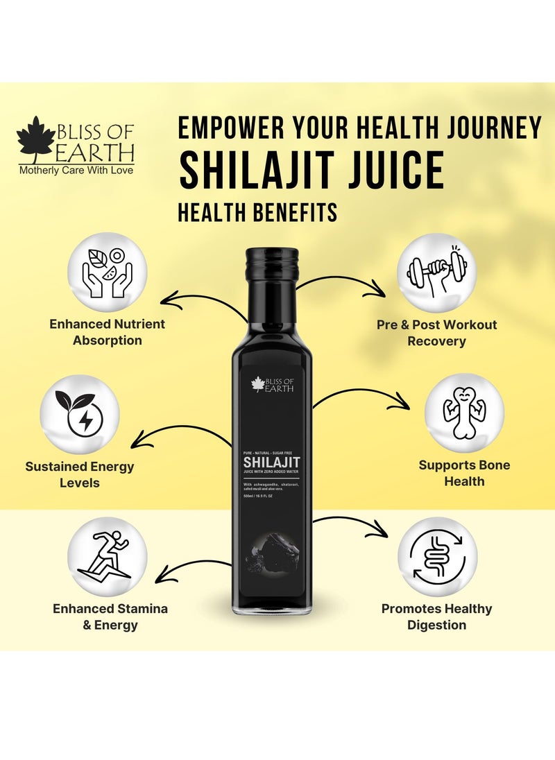 BLISS OF EARTH Shilajit Energy Drink Pure Authentic Himalayan Shilajit Juice For Men Rich In Fulvic Acid & Minerals Shilajeet Juice 500ml PET Bottle Pack of 2  - Image 3