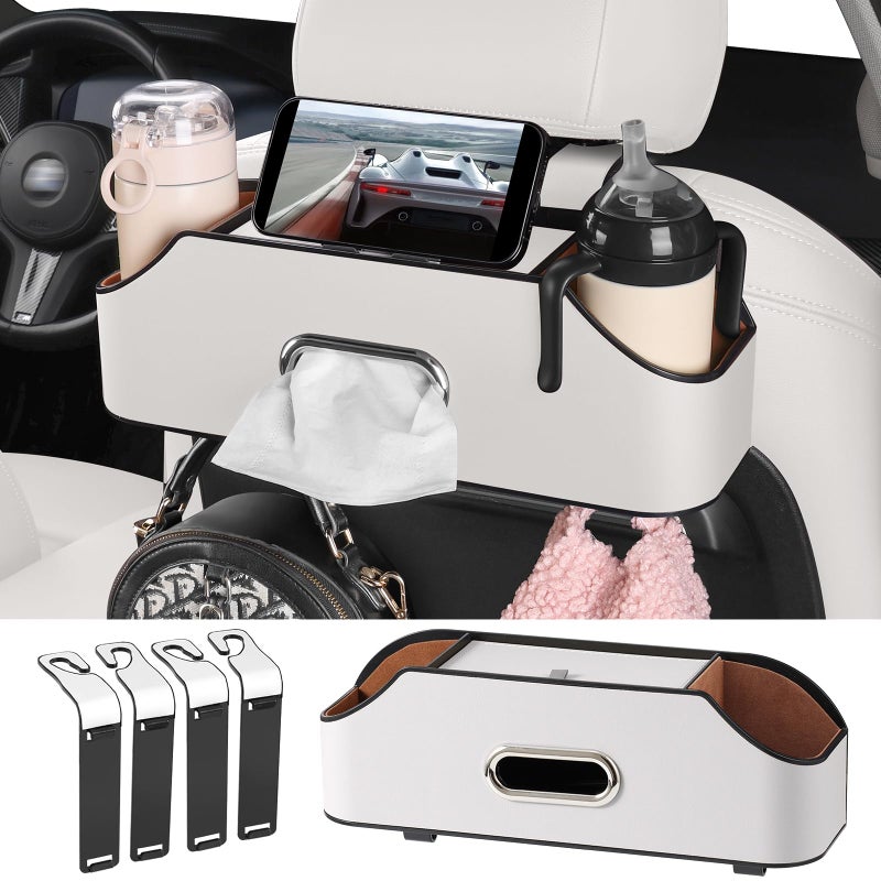 Sancaral Car Rear Backseat Extra Multifunctional Drink Cup Holder Organizers With Tissue Storage Box Organizer & Hooks For Car Seat Back. White - Image 1