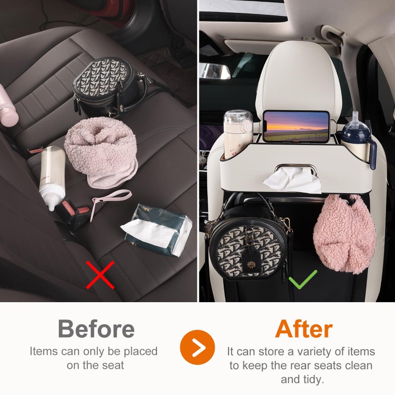 Sancaral Car Rear Backseat Extra Multifunctional Drink Cup Holder Organizers With Tissue Storage Box Organizer & Hooks For Car Seat Back. White - Image 2