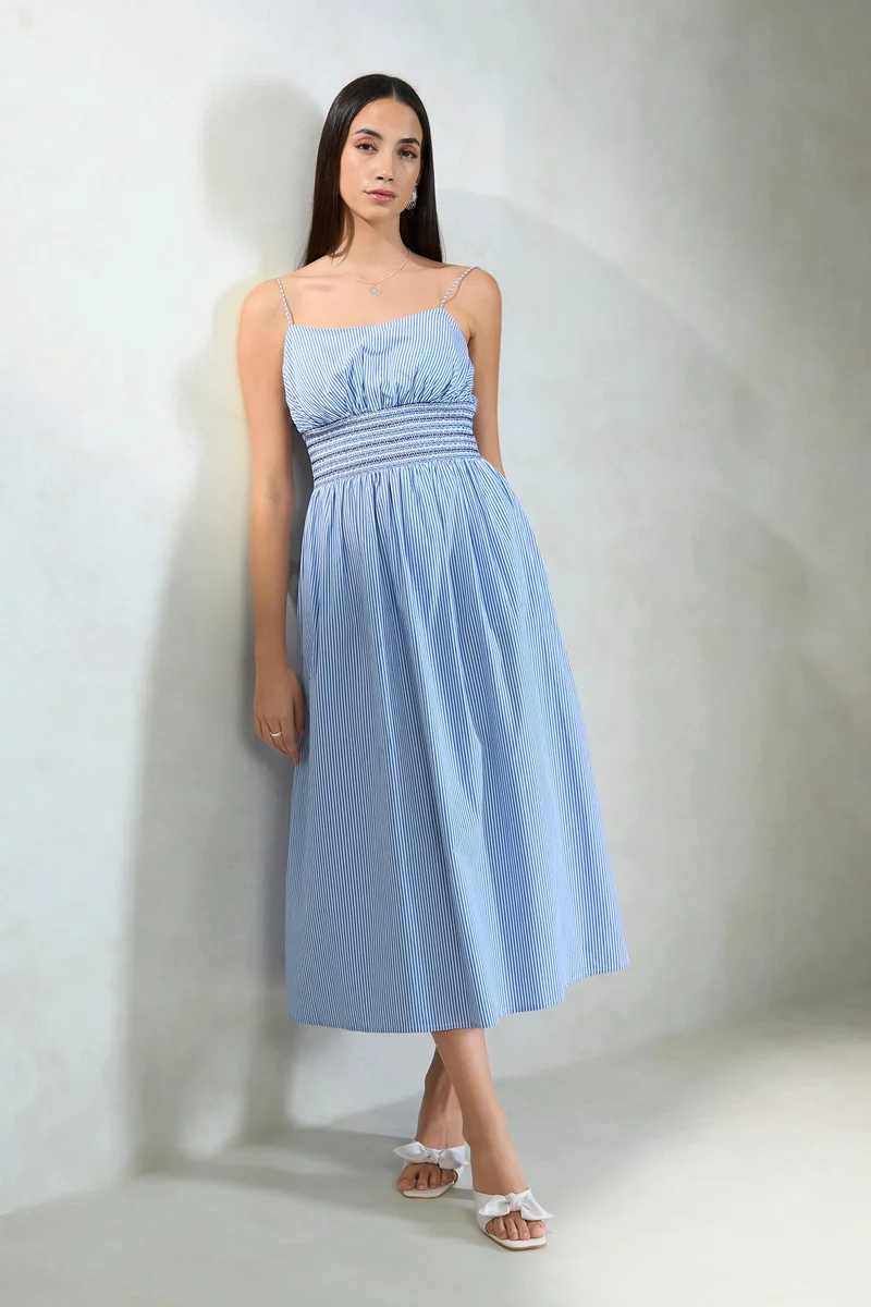 Virgio Stripes Cotton Waist Smocked Stripe Dress for Women