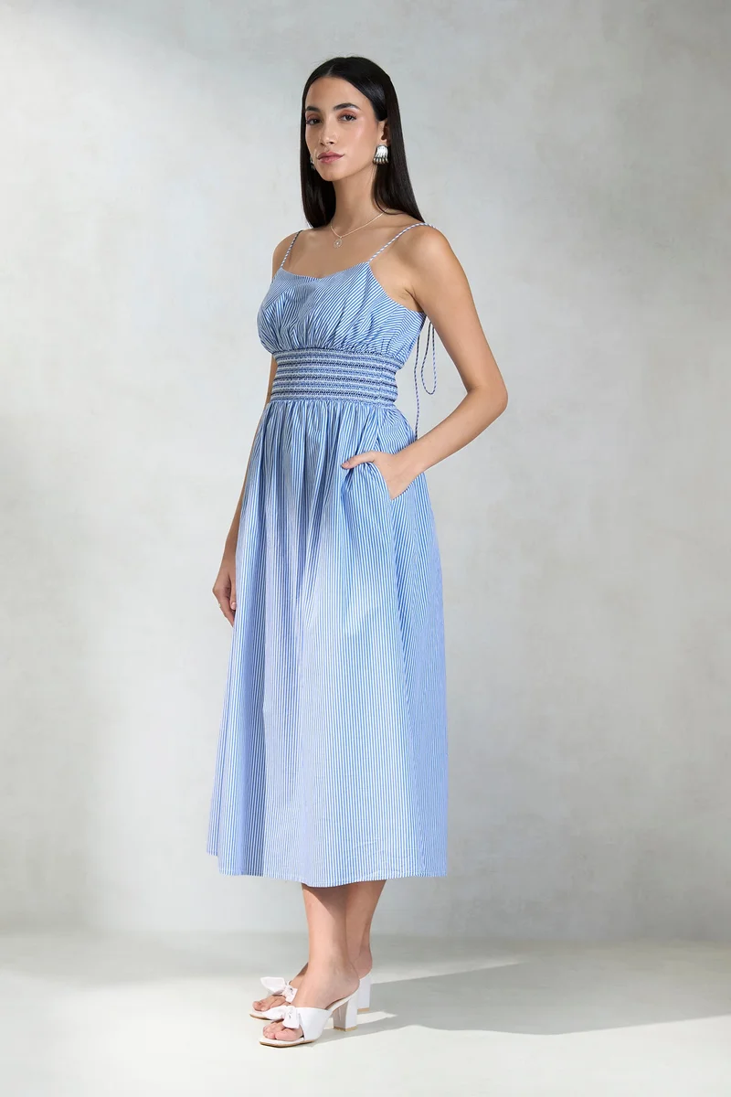 Virgio  Stripes Cotton Waist Smocked Stripe Dress for Women for Women | Best Price UAE