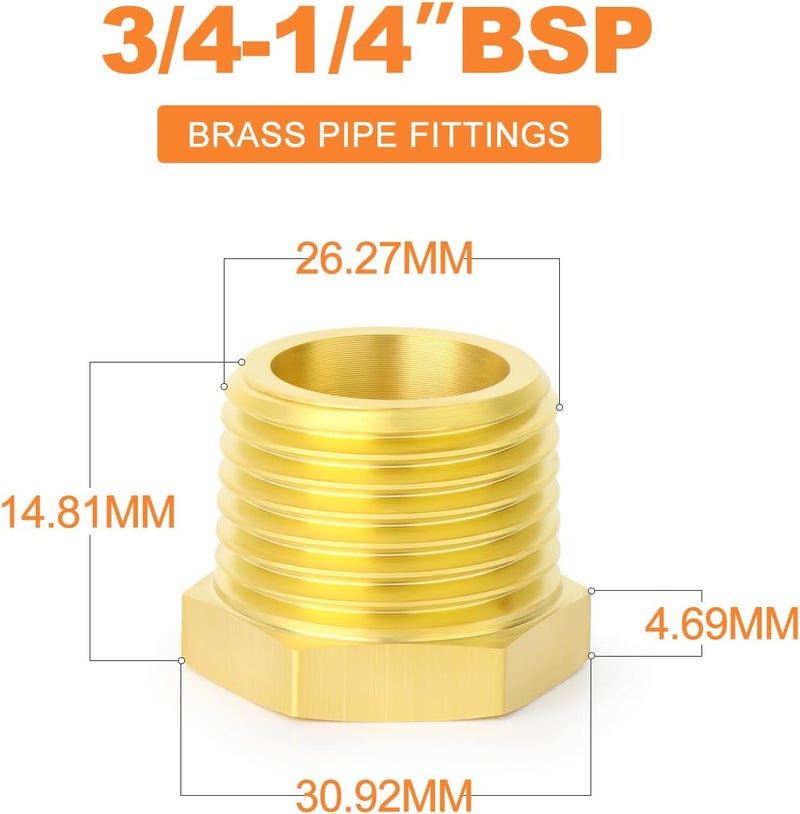 غاشر 5 قطع من محول نحاسي سداسي مخفض 3/4" ذكر BSP × 1/4" أنثى BSP، تركيبات أنابيب نحاسية ملولبة - Image 2
