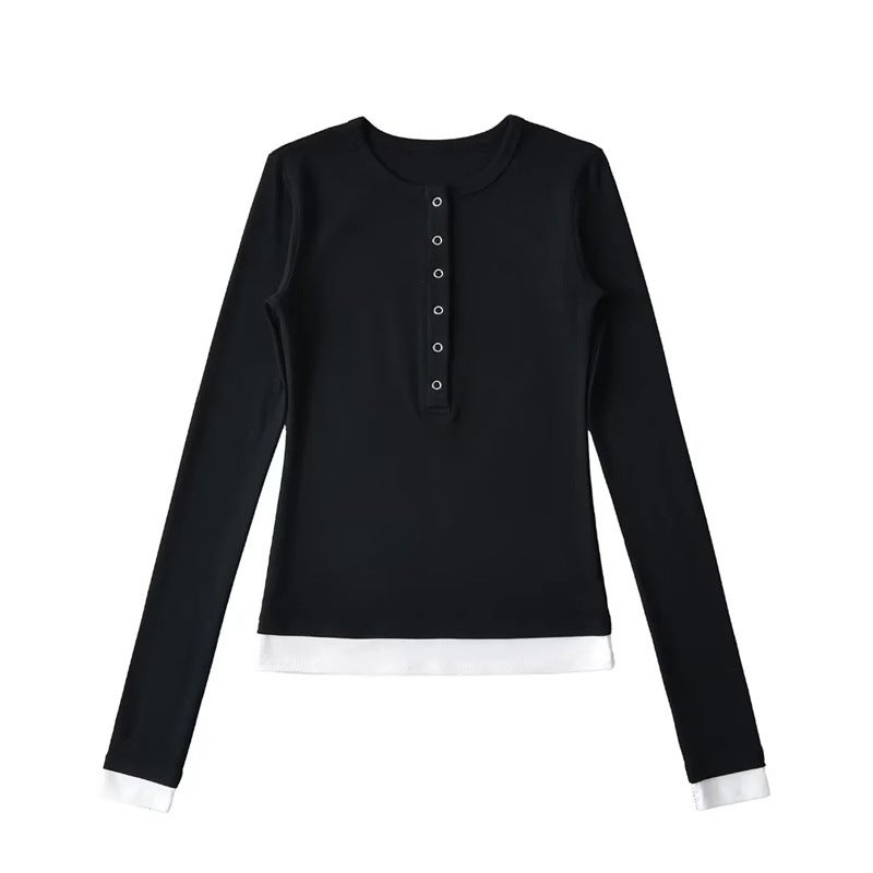 American Spice Girl Five-Claw Fake Two-Piece Long-Sleeved T-Shirt Autumn New Simple Basic Elastic Slim-Fit Base Shirt - Image 1