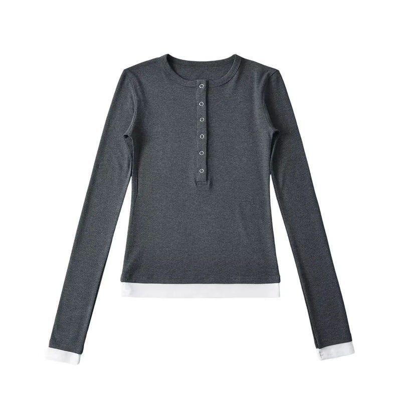 American Spice Girl Five-Claw Fake Two-Piece Long-Sleeved T-Shirt Autumn New Simple Basic Elastic Slim-Fit Base Shirt - Image 4