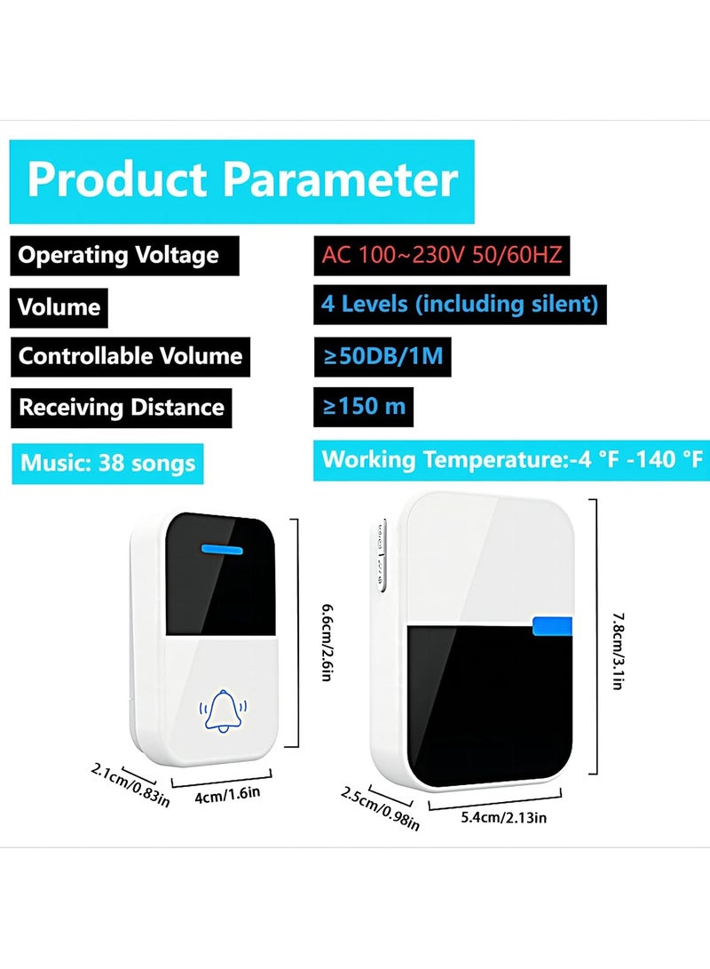 Wireless Doorbell Set with Adjustable Volume IP44 Waterproof Doorbell with 38 Melodies Multipurpose for Home Apartment Office School Hospital  - Image 5