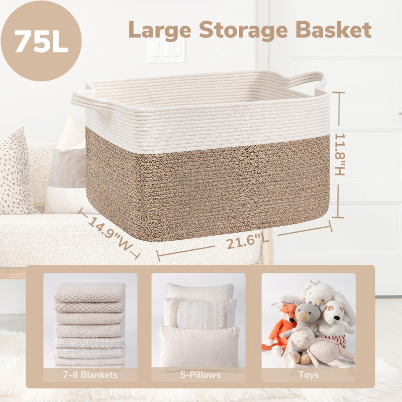 Goodpick Large Woven Blanket Basket, 21.6" x 14.9" x 11.8" Storage Baskets for Organizing, Rectangle Cotton Rope Toy Basket for Living Room, Bedroom, White & Brown - Image 3