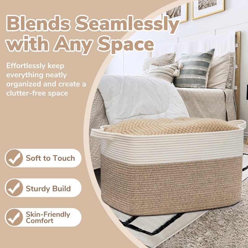 Goodpick Large Woven Blanket Basket, 21.6" x 14.9" x 11.8" Storage Baskets for Organizing, Rectangle Cotton Rope Toy Basket for Living Room, Bedroom, White & Brown - Image 5