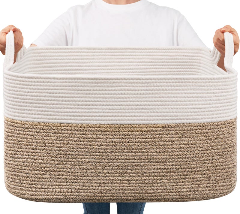 Goodpick Large Woven Blanket Basket, 21.6" x 14.9" x 11.8" Storage Baskets for Organizing, Rectangle Cotton Rope Toy Basket for Living Room, Bedroom, White & Brown - Image 1