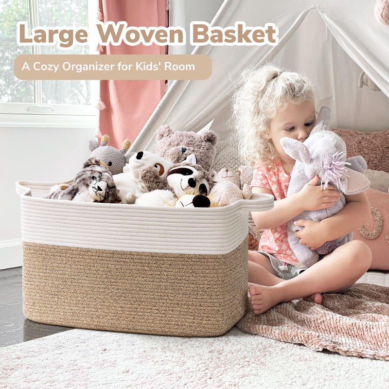 Goodpick Large Woven Blanket Basket, 21.6" x 14.9" x 11.8" Storage Baskets for Organizing, Rectangle Cotton Rope Toy Basket for Living Room, Bedroom, White & Brown - Image 2