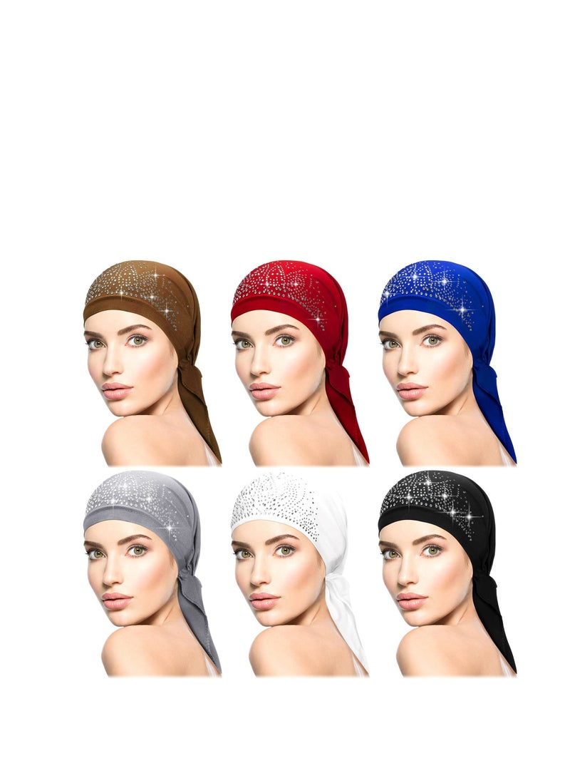 Excefore 6 Pieces Women Turban Cap, Stretchy Head Wrap for Women, Rhinestone Head Scarf, Pre Tied Durag Turban Cap (Multicolored) - Image 1