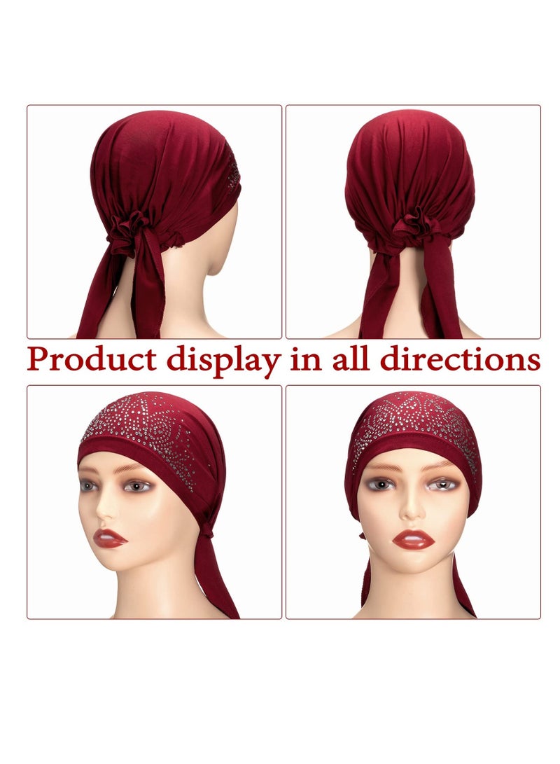Excefore 6 Pieces Women Turban Cap, Stretchy Head Wrap for Women, Rhinestone Head Scarf, Pre Tied Durag Turban Cap (Multicolored) - Image 4