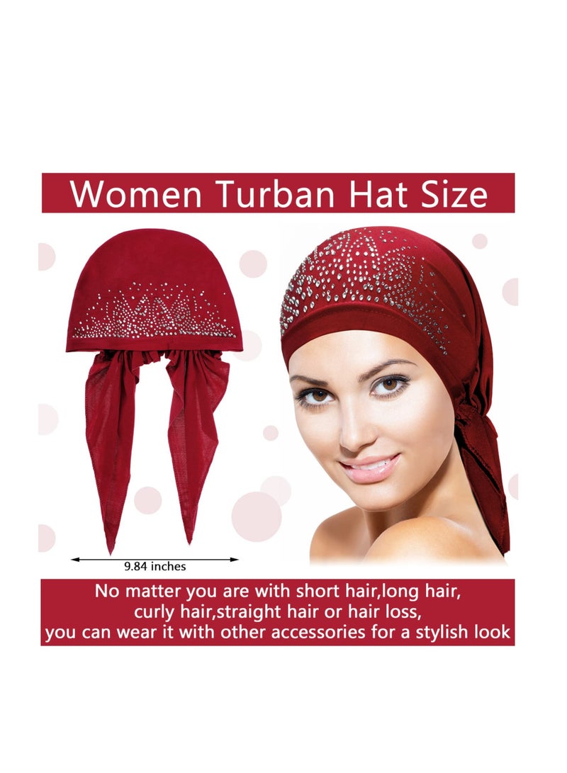 Excefore 6 Pieces Women Turban Cap, Stretchy Head Wrap for Women, Rhinestone Head Scarf, Pre Tied Durag Turban Cap (Multicolored) - Image 3