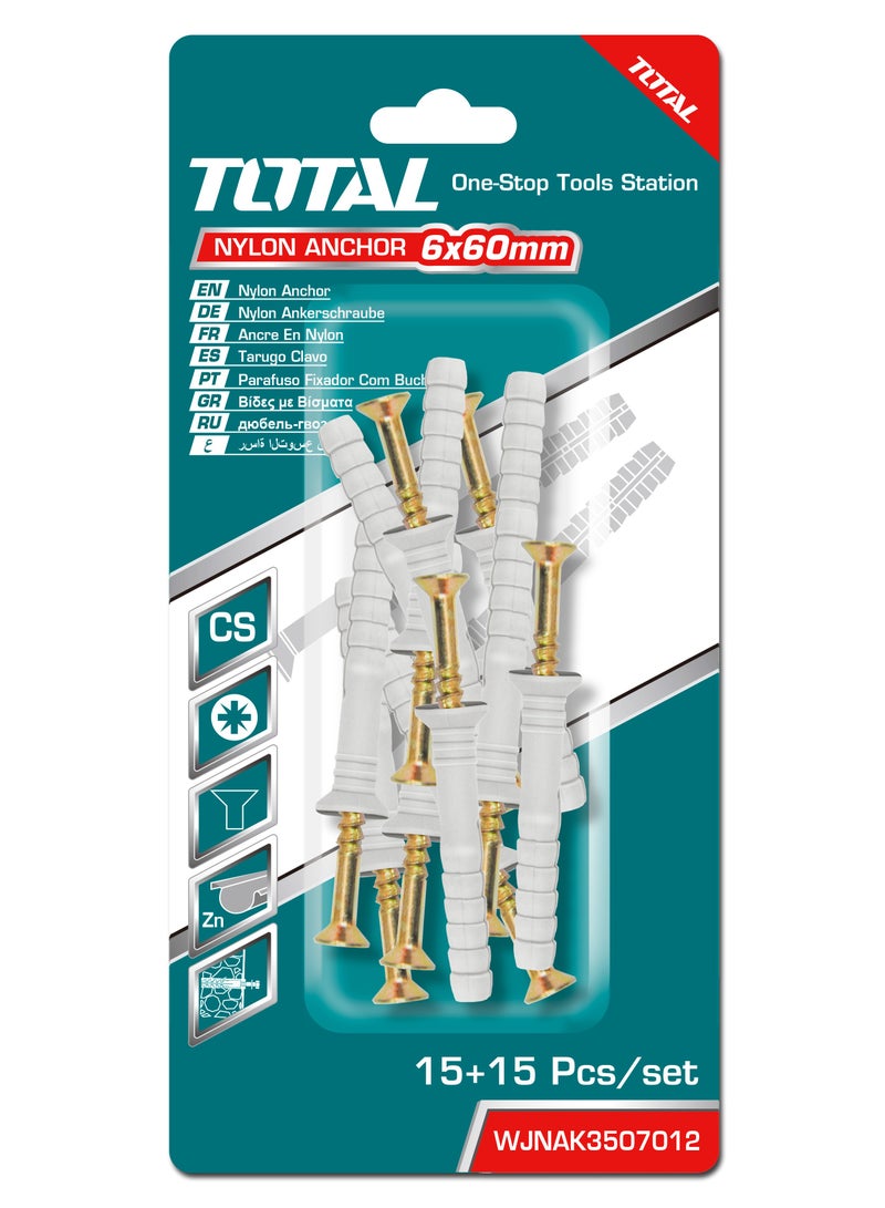 TOTAL TOTAL Nylon Wall Anchors and Screws Set, 6x60mm Plugs with 3.5x70mm Heat-Treated Zinc Screws, 15 Pieces, Grey - Image 1