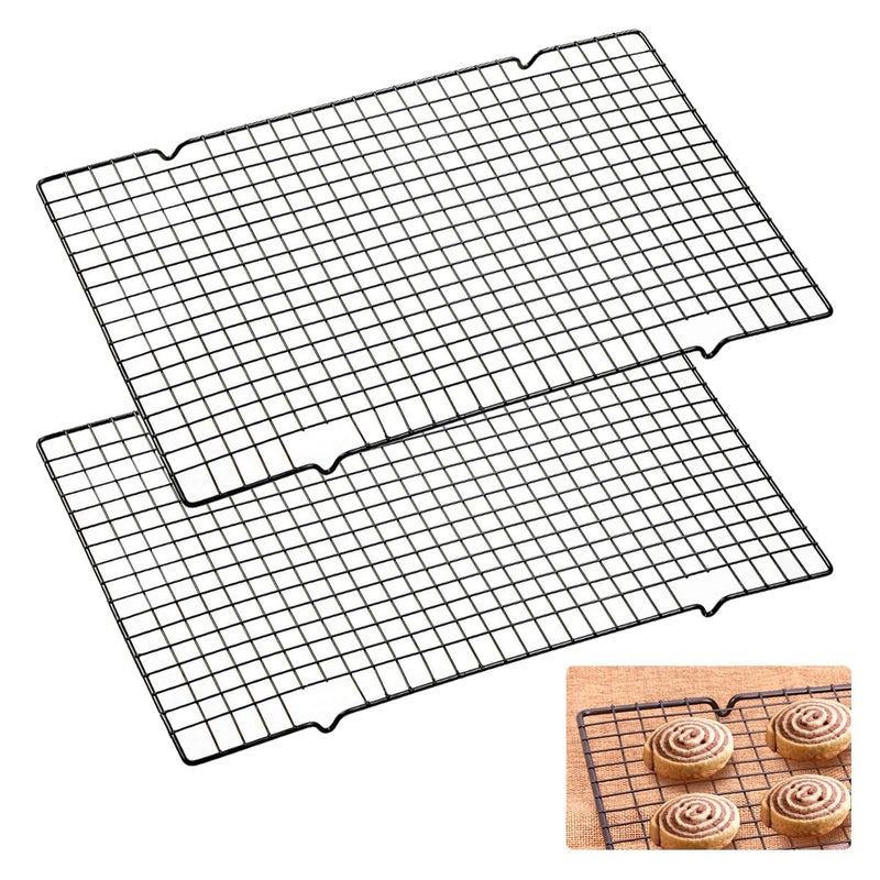Set of 2 cooling grids, stainless steel, 40 cm x 25 cm x 2 mm, cooling rack, baking rack, cake rack, rectangular with non-stick coating, grid for baking for cooling, grilling, roasting, etc., black