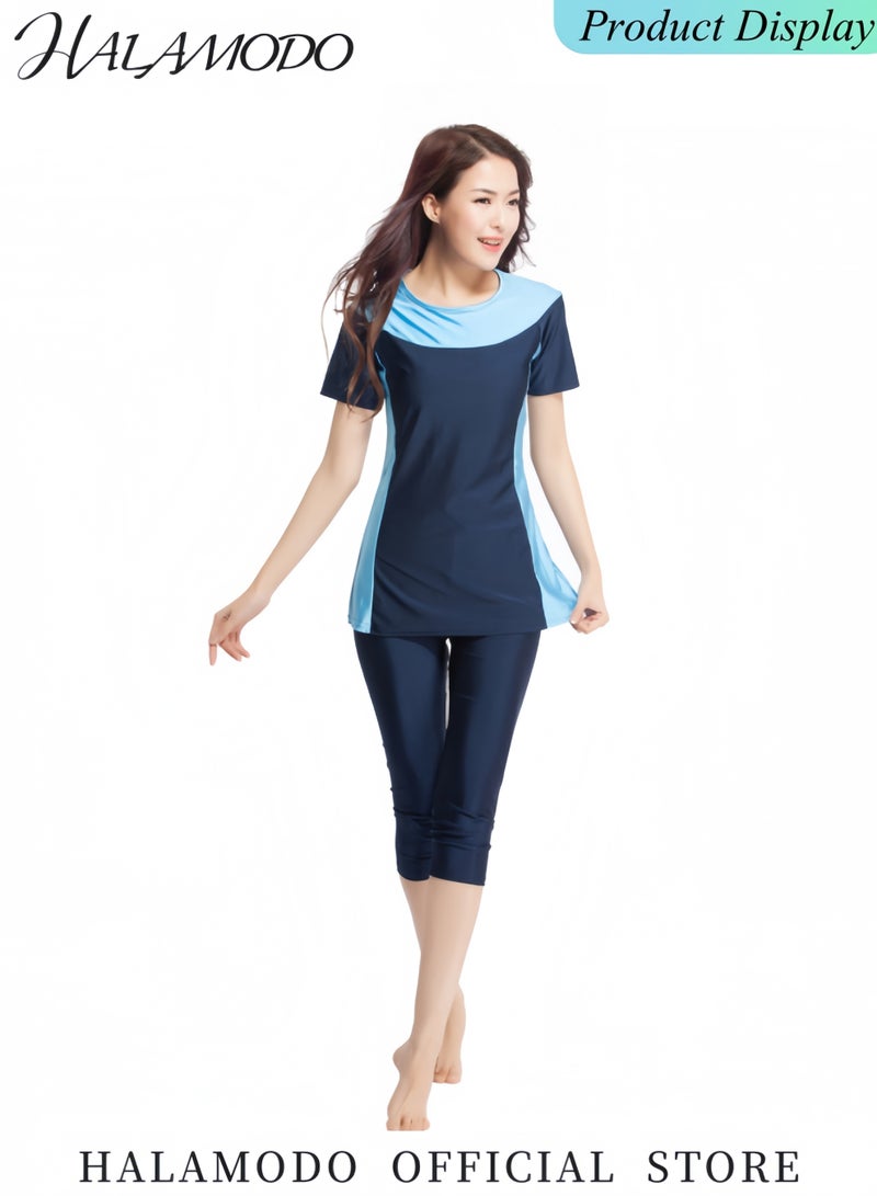 HALAMODO Women's Short Sleeve Swimsuit Set UPF 50+ Built in Bra Swimsuit Rash Guard Modesty Swimming Costume Modest Swimwear Bikinis - Image 2