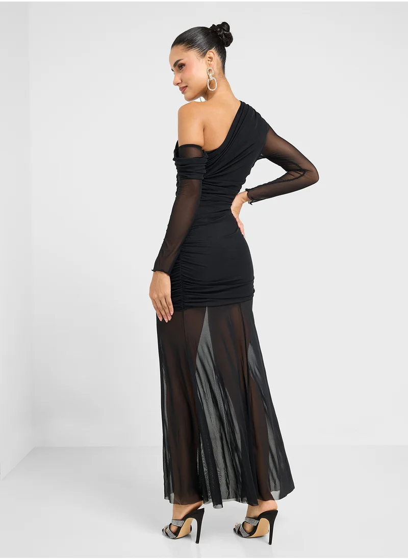 Ginger Drop Shoulder Assymetric Dress With Mesh Detail