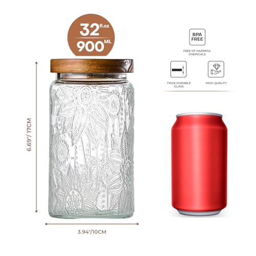 Adodeen 32oz Vintage Glass Jars With Lids, Airtight Food Storage Containers, Kitchen Canisters For Sugar, Coffee, Tea, Spice, Flour, Candy Cookie, Pasta, Cereal, Cute Decorative Jars - Image 2