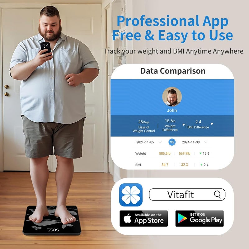 Vitafit ميزان حمام ذكي فيتافيت مذهل بسعة 600 رطل بدقة عالية 01 رطل مؤكد من مصنع الميزان المحترف منذ 2001 منصة كبيرة مع زجاج مقسى غير قابل للانزلاق بسمك 8 مم LED 3AAA أسود - Image 4