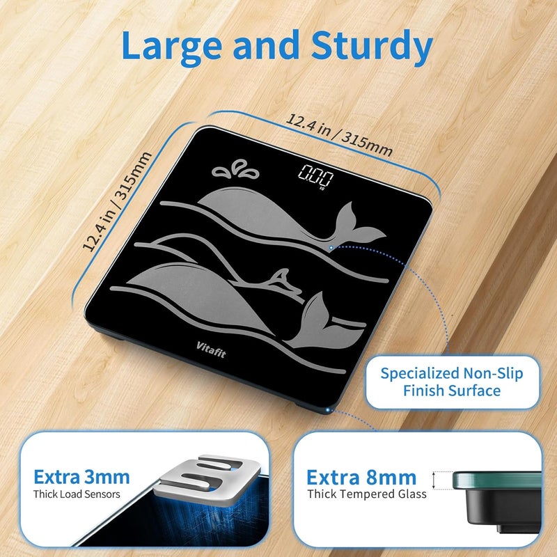 Vitafit ميزان حمام ذكي فيتافيت مذهل بسعة 600 رطل بدقة عالية 01 رطل مؤكد من مصنع الميزان المحترف منذ 2001 منصة كبيرة مع زجاج مقسى غير قابل للانزلاق بسمك 8 مم LED 3AAA أسود - Image 3