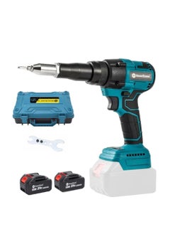 Cordless Rivet Gun,Automatic Brushless Riveter Tool Kit for Rivets 2.4/3.2/4.0/4.8 mm,Portable 21V Electric with 2pcs Batteries for Stainless Steel, Aluminum Rivets-Blue